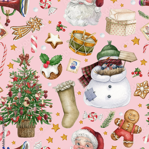 Christmas seamless pattern Santa head snowman Christmas tree  gift box  sweets  berries holly leaves  on pink background.Traditional vintage style gift wrap design.Hand-drawn watercolor digital paper
