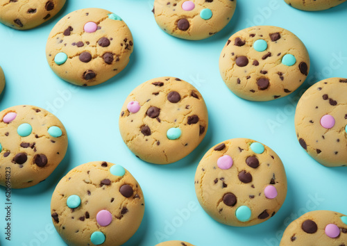 Tasty freshly baked chocolate chip cookies on a pastel turquoise minimal background. Generative AI