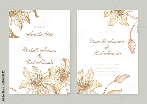 White and gold Modern wedding invitation template with leaves, glitter, frame, and border. Floral decoration vector for save the date, greeting, thank you, rsvp, etc