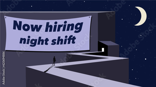 A female job seeker pauses before applying for a factory job that is for night shift, 3rd shift, jobs. Higher pay, terrible hours. This is a 3-d illustration.