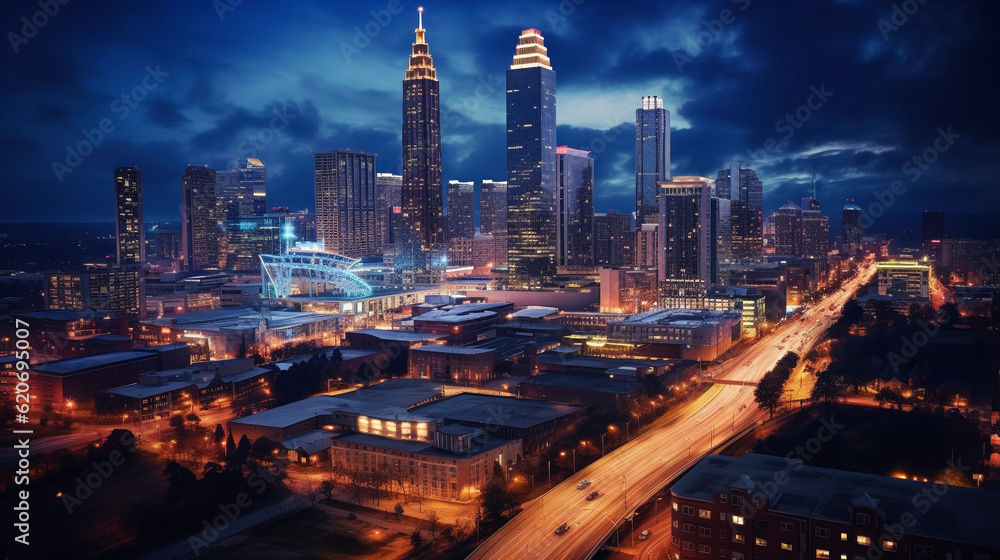 Fototapeta premium Drone photo of Atlanta Georgia city at night long exposure for traffic blur taken with DJI mini 3 pro
