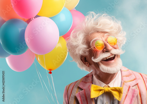 A cute cheerful elderly gentleman disguised as a clown is laughing and posing. Bright cheerful colors. Children's balloon party. Generative AI