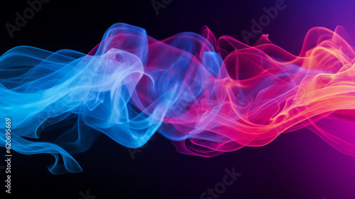 Abstract photograph of a singular intricately flowing colored smoke stream against a synth wave background. In the style of futuristic computer screen backgrounds. Generative AI