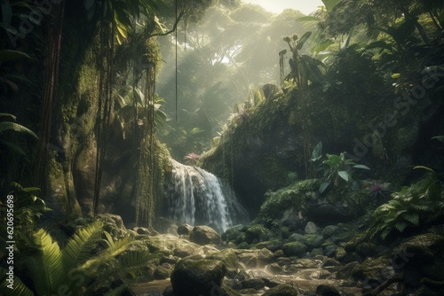 Digital illustration of a jungle waterfall in the Amazon rainforest surrounded by exotic vegetation. Generative AI