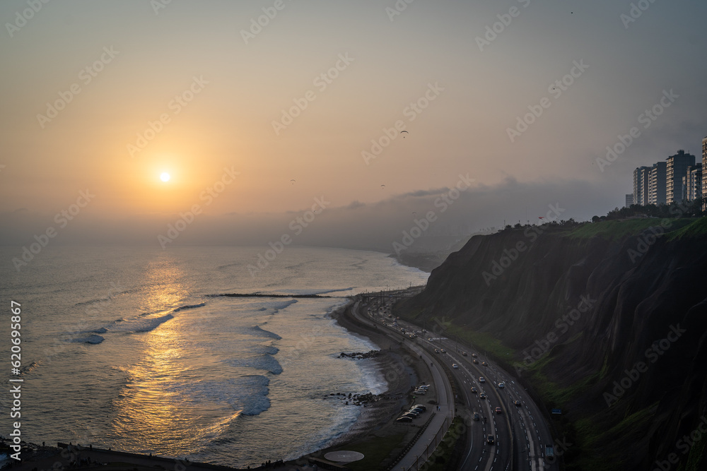 Winding road during the Sunset in la Costa Verde (Green Coast) in Lima, Peru