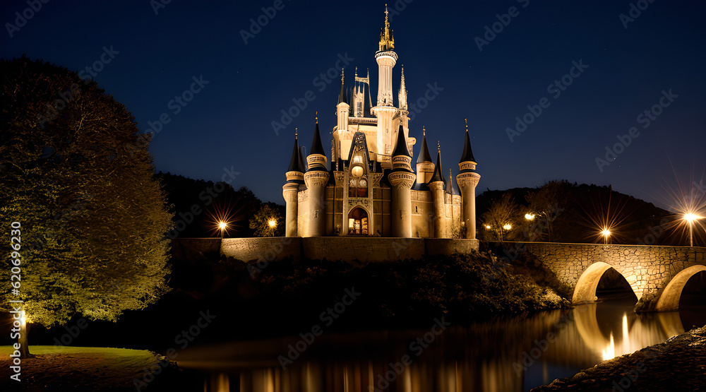 a castle illuminated at night