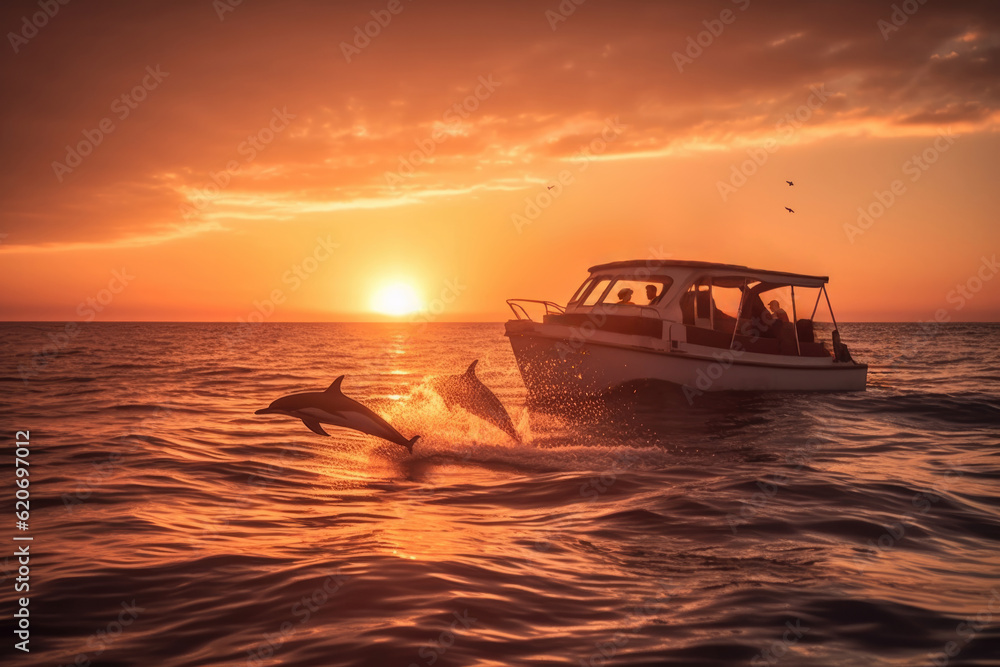 Dolphins jumping in front of a boat. Dolphins jumping in front of a boat.