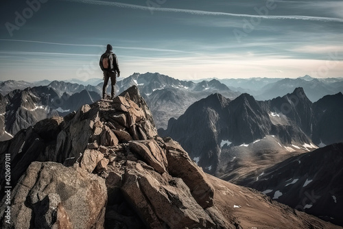 Mountaineer contemplating the landscape after having reached the top of the mountain.