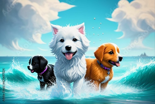 watercolor digital painting of dogs in front of the sea