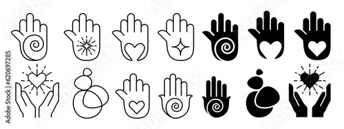 Sacred zen hand palm icon set collection. Vector symbol or mark of peach  love  donate  hand made  clean inner self. Faithful spirit mindfulness  humanity sign. Meditation or spa  charity icon black 