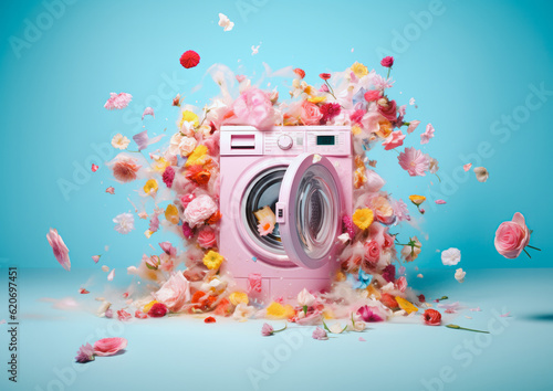 Creative scene with a washing machine from which explodes a lot of colorful fragrant spring flowers. Generative AI
