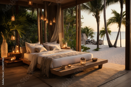 Romantic bedroom in a tropical island ,summer , beach lounge. Generative AI