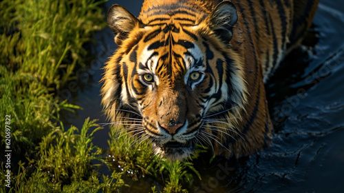 Top view of close up view of a Malaysian tiger. Wildlife concept and copy space.