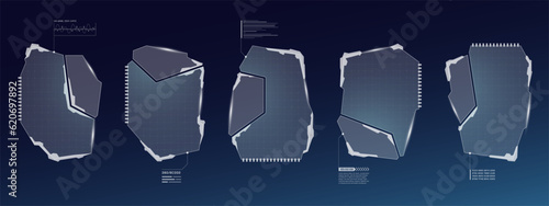 HUD digital futuristic user interface frame set. Sci Fi high tech callout screens. UX UI gaming menu touching dashboard control panels. Cyber space head-up display FUI or GUI information windows. Eps