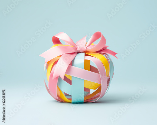 Creative composition with a ball of colorful decorative ribbons shaped like a cubic gift on a simple pastel background. It's time for giving. Generative AI.