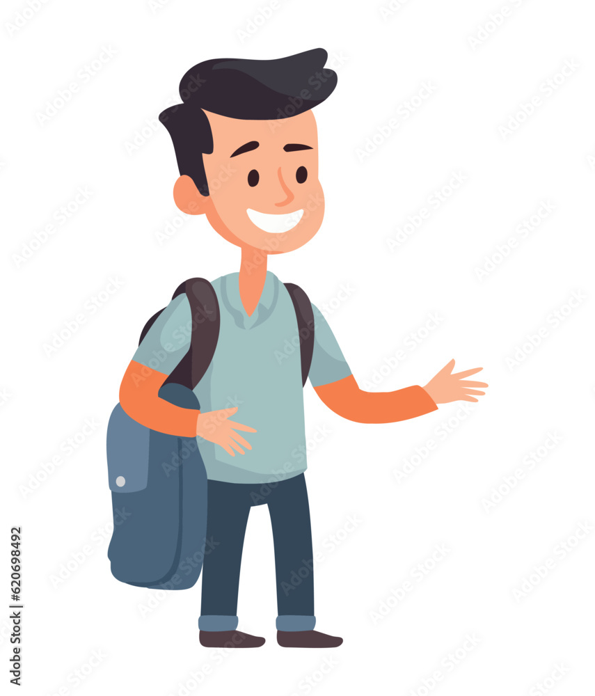 Smiling boy walking with backpack, full of adventure
