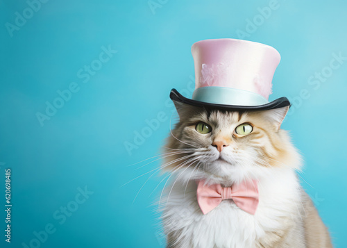 Adorable elegant cat posing dressed as a groom with a top hat and bow tie. Ready for the wedding. Generative AI