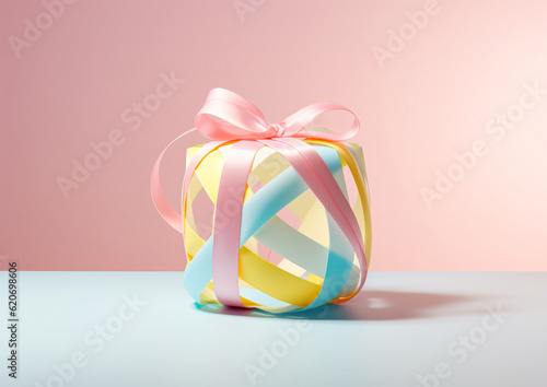 Creative composition with a ball of colorful decorative ribbons shaped like a cubic gift on a simple pastel background. It s time for giving. Generative AI.