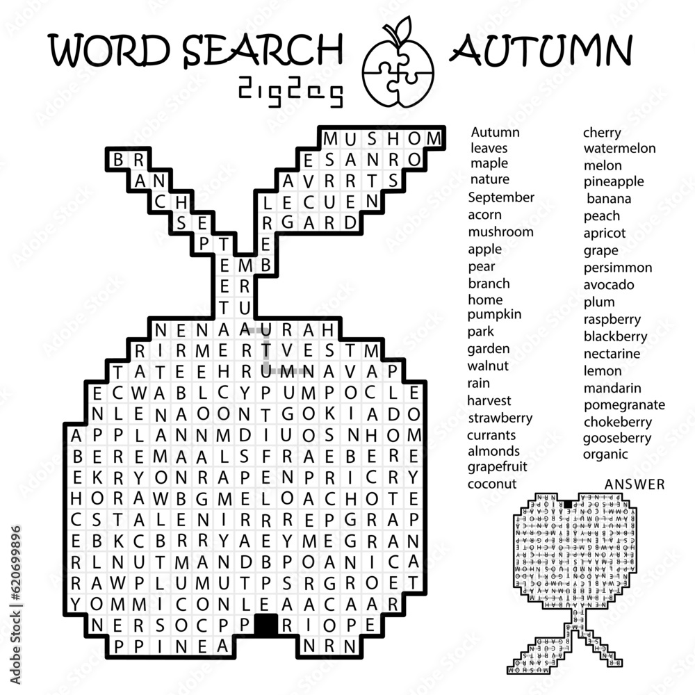 Zigzag Word Search Crossword. Apple with leaf. Autumn. Words go right