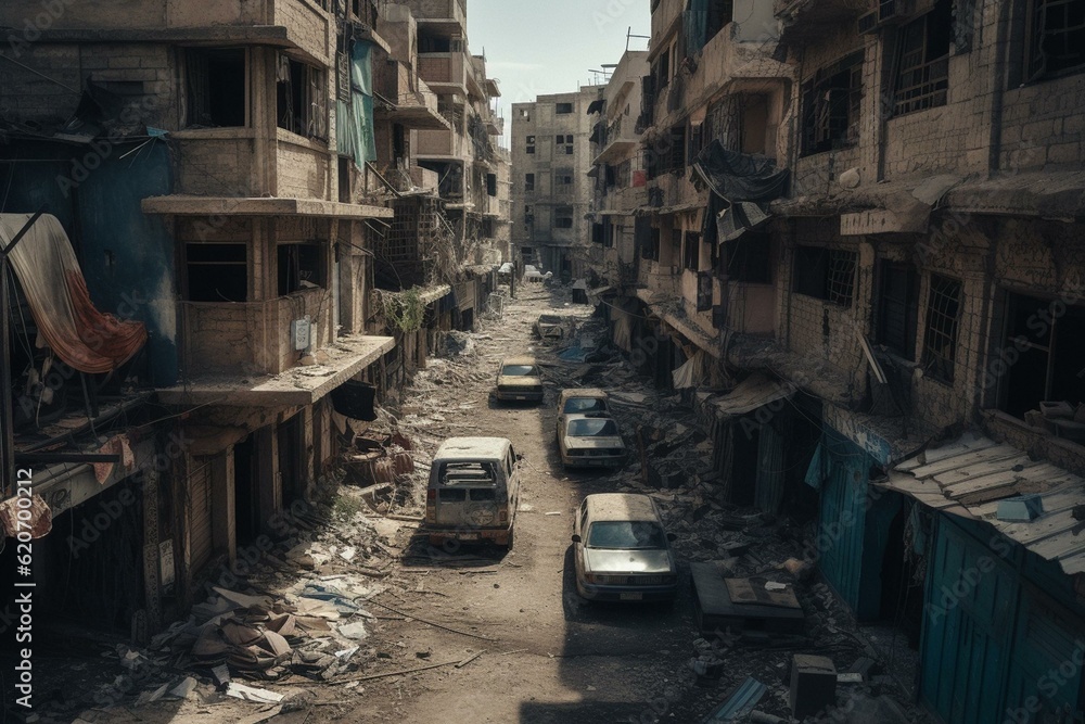 War-torn, destitute Middle Eastern city with hazardous living conditions. Generative AI