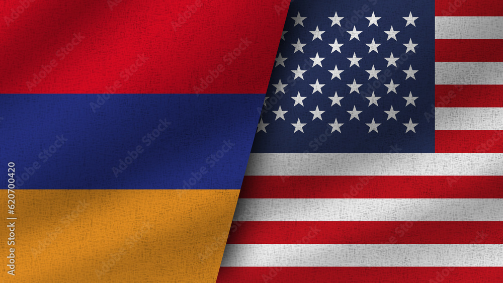 Obraz premium USA and Armenia Realistic Two Flags Together, 3D Illustration