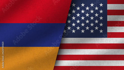 USA and Armenia Realistic Two Flags Together, 3D Illustration