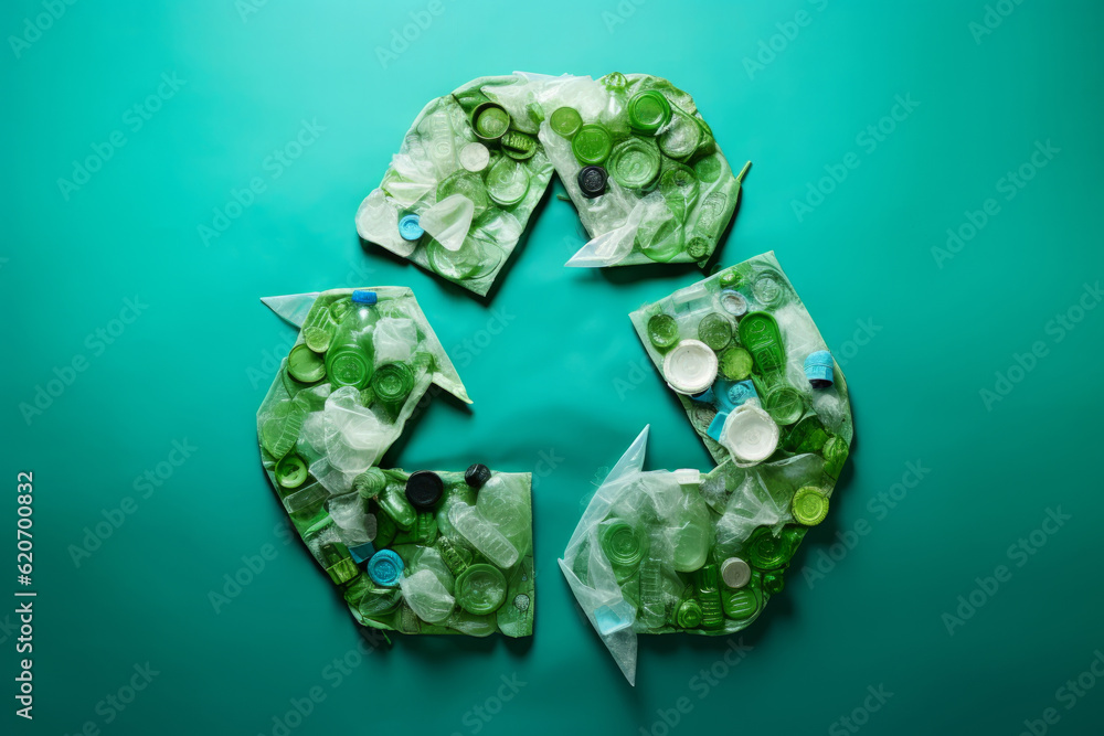 Recycling symbol made from plastic bottles and waste plastic. recycling litter concept Recycling symbol made from plastic bottles and waste plastic. recycling litter concept