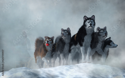 A team of huskie sled dog in the snow. One of them, a brown Greenland dog, is ready to play with a red ball. Behind them, the driver is mostly obscured by the mists of of the Yukon. 3D Rendering
 photo