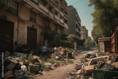 Abandoned household waste piles on Bucharest streets. Generative AI