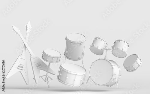 Set of electric acoustic guitars and drums with cymbals on monochrome background