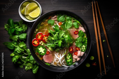 background meal hot vegetable noodle asian japanese dinner food soup bowl. Generative AI.