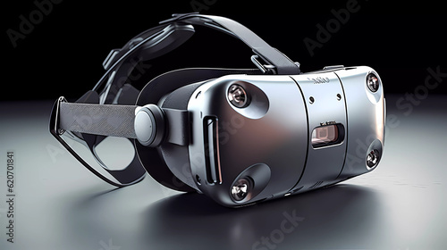 A product picture of a futuristic virtual reality headset in dark black room. Generativ AI.