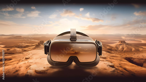 A VR headset sitting on a sandstone in a desert. Virtual reality headset. Generativ AI.