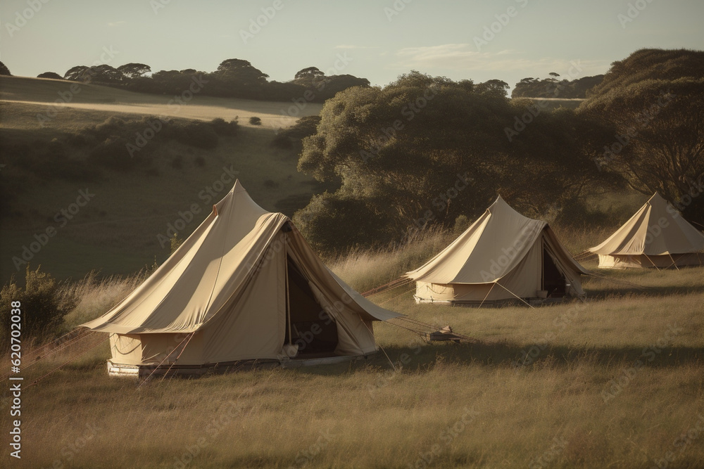 glamping luxury light nature vacation canvas tent travel forest camping. Generative AI.