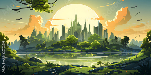 green city with recycle concept on nature landscape background Generative AI