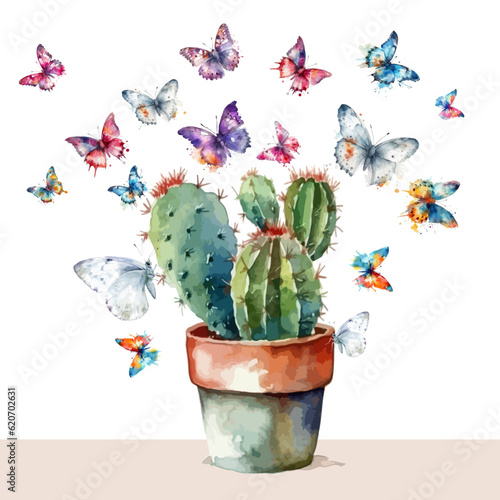 Watercolor cactus and flying butterflies. Vector illustration