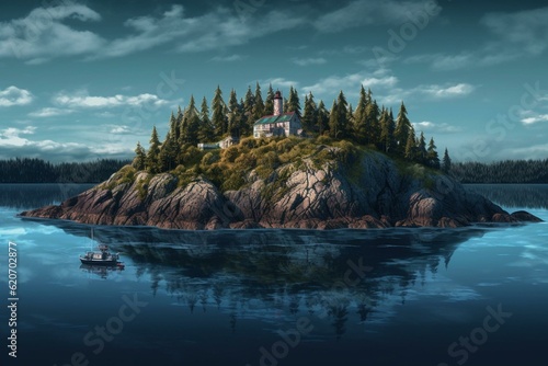 Digital illustration of Nootka Island, Vancouver Island, Canada in a fantasy art style with a horizontal view of the skyline. Generative AI photo
