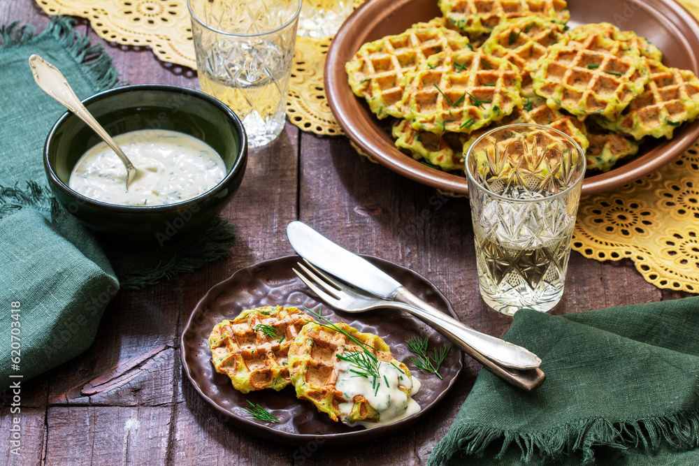 Zucchini wafers with dill and onion, served with sour cream sauce and wine.