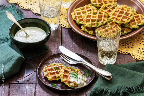 Obraz na płótnie Zucchini wafers with dill and onion, served with sour cream sauce and wine. w salonie