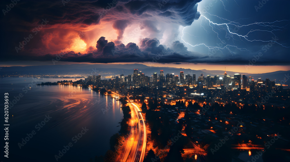 Lightning storm over city Generative AI