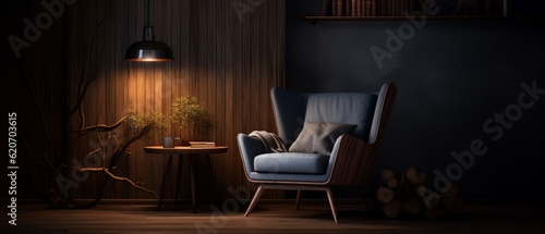 A cozy corner with a comfortable chair and a bookcase. An ideal place for reading and relaxing. Generative AI