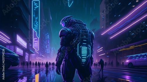 Cybernetic Humanoid Neon-lit Cityscape Hovering Drones Holographic Advertisements Futuristic Transportation Rain-soaked Streets Reflections In Glass Surfaces Augmented Reality Interfaces Glowing Energ