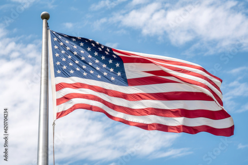 American flag against a blue sky backdrop. consists of 13 horizontal stripes  seven red and six white  and a blue rectangle with 50 white stars in the top left corner  forming a rectangular triangle