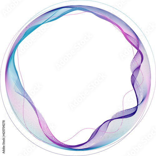 Round frame made of dynamic neon curved lines for technology concepts, user interface design, web design. Blue and purple lines. Transparent background