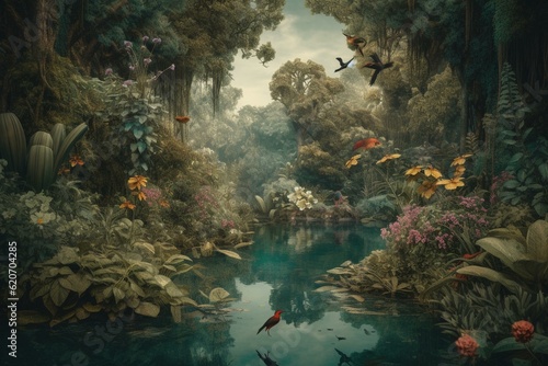 Vintage forest landscape wallpaper with lake  plants  trees  roses  birds  peacocks  butterflies and insects. Generative AI