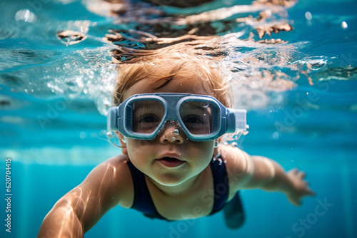 A child wearing goggles, submerging their head underwater and exploring the depths of the pool Generative AI © Denis Yevtekhov