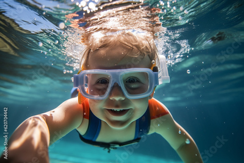 A child wearing goggles, submerging their head underwater and exploring the depths of the pool Generative AI