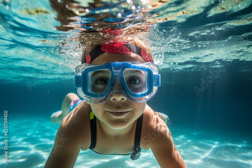 A child wearing goggles, submerging their head underwater and exploring the depths of the pool Generative AI