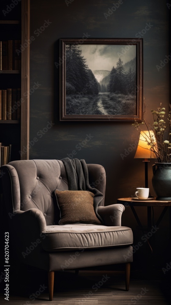Fototapeta premium A cozy corner with a comfortable chair and a bookcase. An ideal place for reading and relaxing. Generative AI
