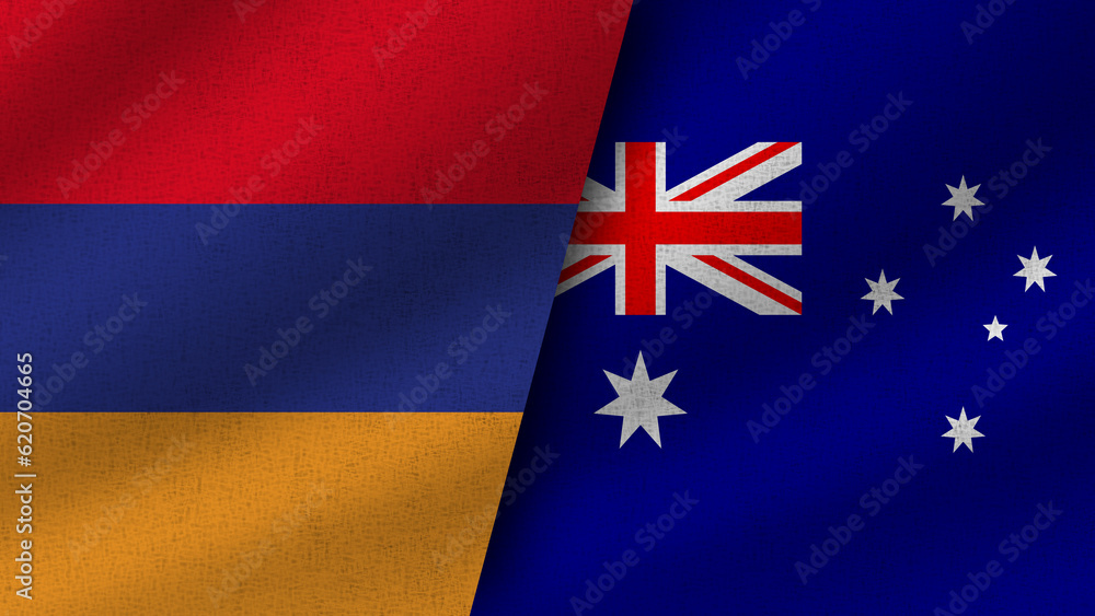Australia and Armenia Realistic Two Flags Together, 3D Illustration Australia and Armenia Realistic Two Flags Together, 3D Illustration